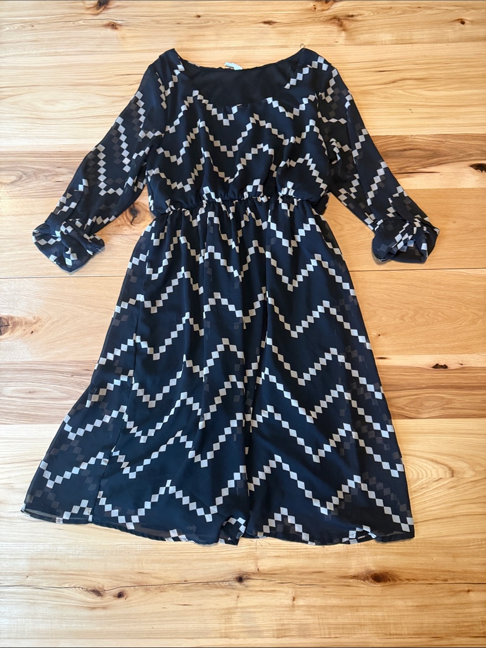Black Chevron Midi Dress with Beige Accents